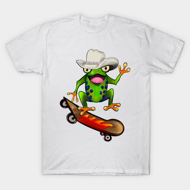 Frog - Kawaii Froggy Skateboarding Cute Frog Texas cowboy hat Funny toad toads amphibian tadpole Green Red eyed tree frogs rain forest Lizard dragon zoology gift frog T-Shirt by Artonmytee